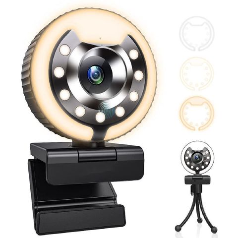 Webcam, 2K HD Webcam with Microphone Tripod and Privacy Cover, Web Camera  for PC with Touch Control Ring Light, Automatic White Balance Streaming