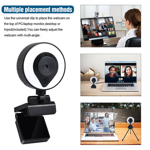 Webcam, 2K HD Webcam with Microphone Tripod and Privacy Cover, Web Camera  for PC with Touch Control Ring Light, Automatic White Balance Streaming