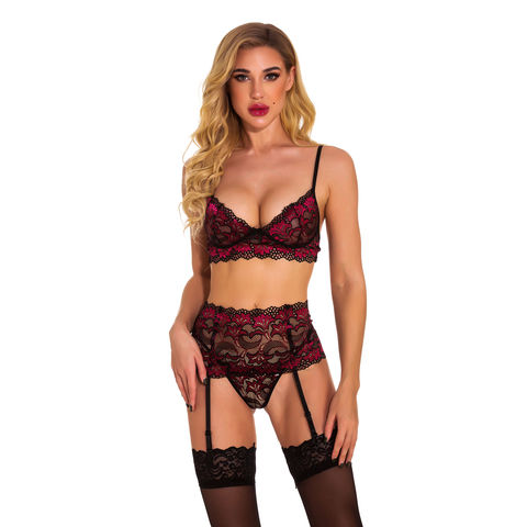 Women Sexy See Through Lace Lingerie Set Bra Thongs Garter Stockings  Underwear Nightwear