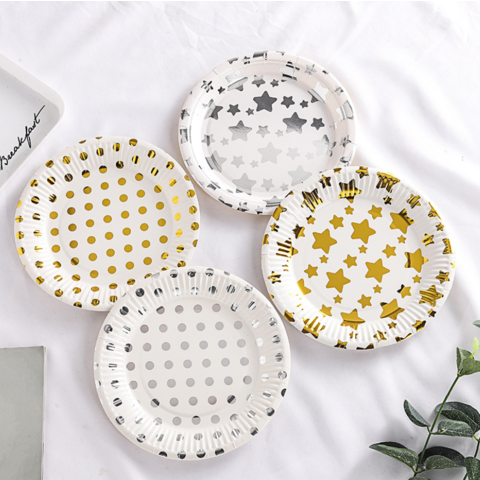 10pcs Gold Foil Polka Dots Disposable Thick Paper Plates For Cake