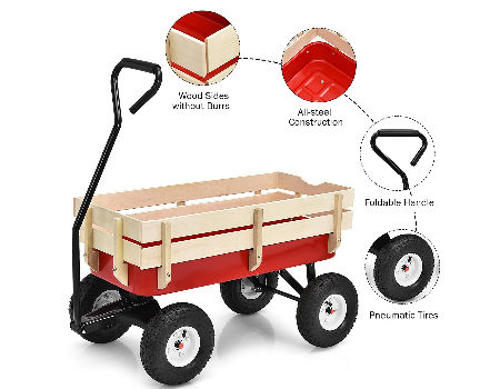 4.3 Cu. Ft. Wood Steel Red Outdoor Wagon All Terrain Pulling Wood Railing Air Tires Kid Garden Cart