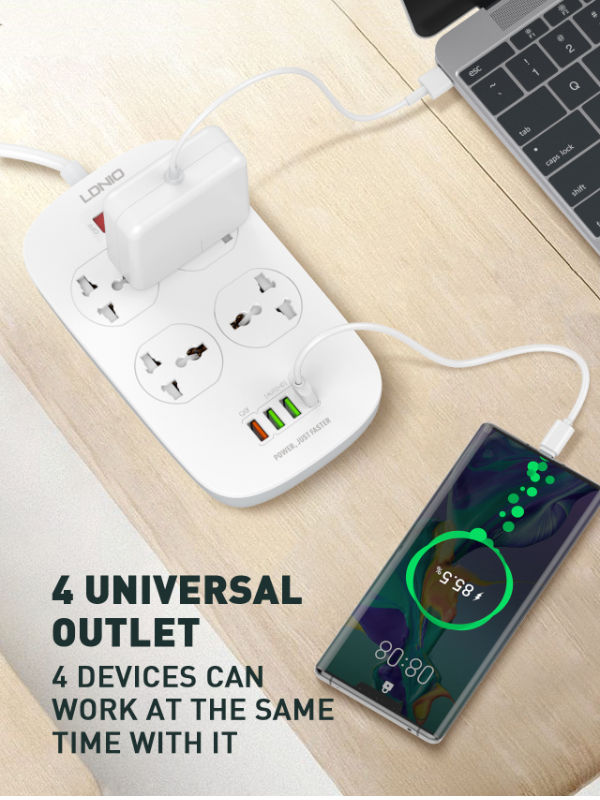 LDNIO 4 Outlets Extension Power Socket With 1QC3.0 Fast Charging Port&3 Auto ID USB Port Power Strip supplier