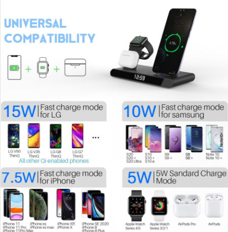 Compre Cargador De Teléfono Inalámbrico Multifunción Universal 3 En 1,  Reloj Despertador 15w, Cargador Inalámbrico y Cargador Inalámbrico de China