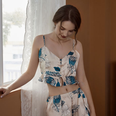 seeyoushy Spring Summer Ladies Faux Silk Pajama 2 Pieces Sets Sexy Homewear Women's Casual Luxury Pajamas Thin
