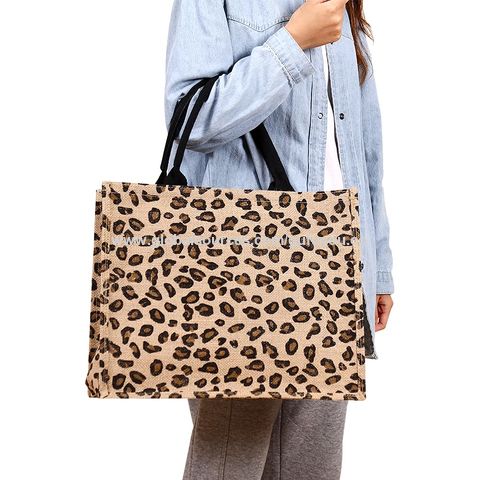 Personalised Leopard Print Large Jute Bag Leather Handle Shopper Beach