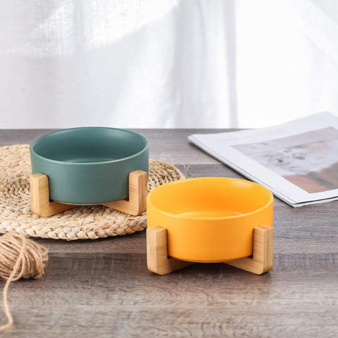 Ceramic Dog Bowls with Wood Stand, Dog Water Bowls and Food Dish