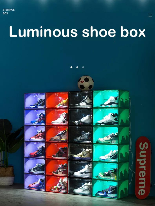 Stackable led light shoe storage box Color shoe box with white LED ...