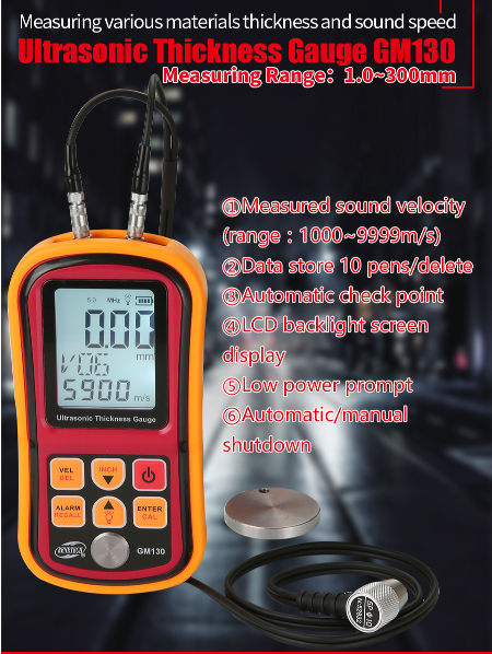 sans pile GM130 Épaisseur numérique à ultrasons de 1,0 à 300 mm 
