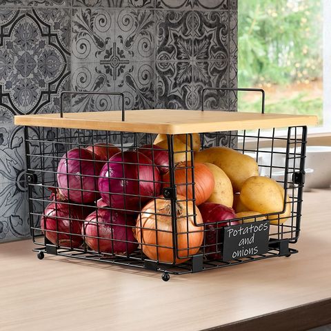 Fruit and Vegetable Basket for Kitchen Wood Top,5 Tier Stackable Metal Wire  Storage Stand Cart, Organizer Bins Rack for Onions and Potatoes