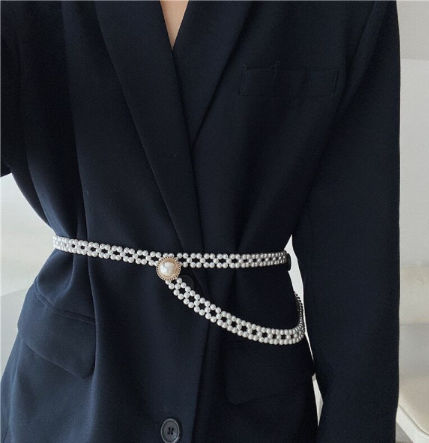 Fashion Women's Metal Belt Adjustable Strap with Green Pearl Bead Belts Supplier