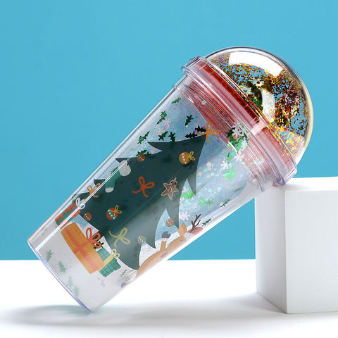 New Plastic Double Wall Glitter Tumbler with Straw Cute Kawaii