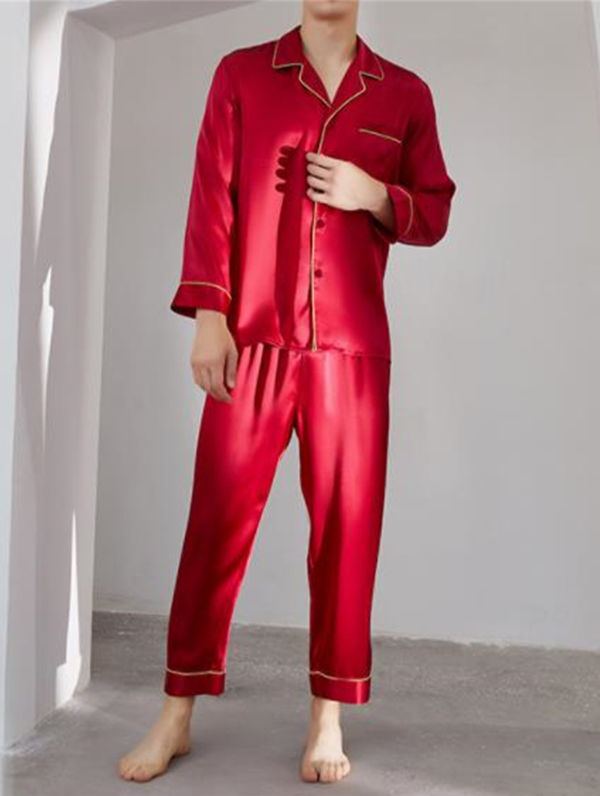 Men Pajamas Set Long Sleeve Handmade Silk Satin Sleepwear Homewear Men Home  Suit