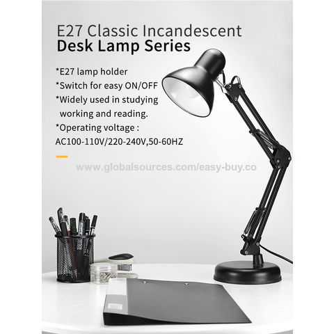 Lámpara de mesa con brazo oscilante SML, lámpara de escritorio clásica con bombilla incandescente y base de plástico