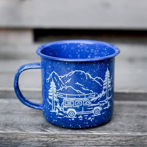 Camping Coffee Mugs Blue White Speckled Enamelware Set