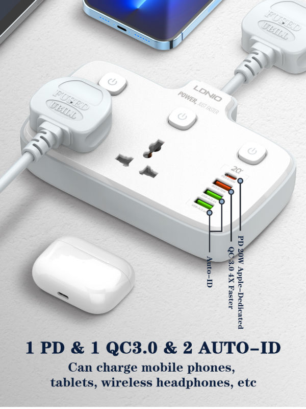 LDNIO SC2413 Wholesale Price Power strip USB socket 2 outlet+PD+QC 3.0 port fast charging socket supplier