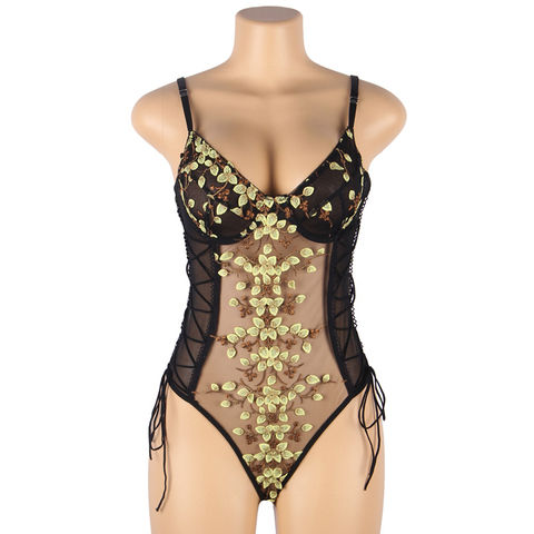 Lace and Mesh Floral Teddy - Black floral