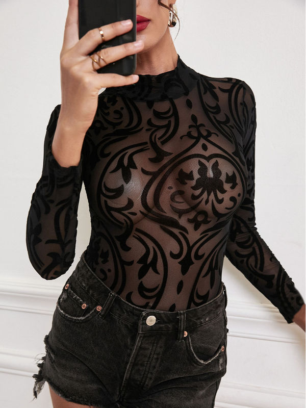 Sexy Mock Neck Womens Body Suit Lingerie Black Mesh Sheer Bodysuit