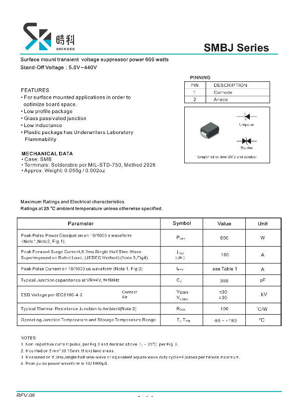 SMBJ10CA-TR Transil SMBJ Series Transient Voltage Suppressor 11.1 V RoHS Compliant: Yes SMBJ10CA-TR 2 TVS 10 V DO-214AA Pack of 5 Bidirectional 