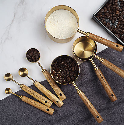 S Gold Measuring Spoon Set, 430 Stainless Steel Wooden Handle