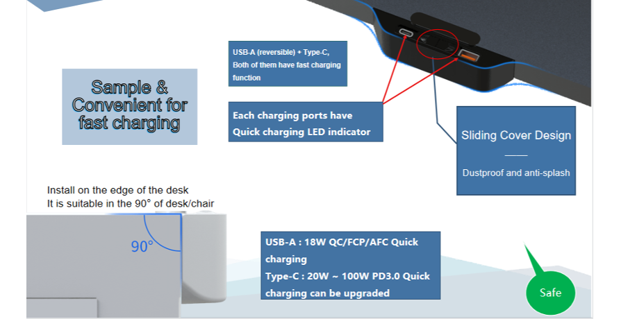 Terminal de charge d'extension de prise USB de bureau pour fournisseur de téléphones mobiles et d'ordinateurs portables