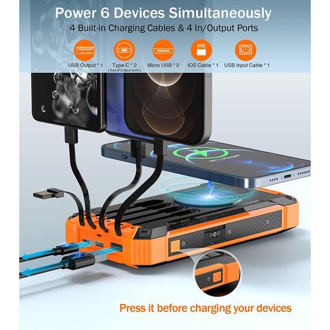 Solar Power Bank 20000Mah Built In 4 Cables Portable Charger W Dual LED  Flash 