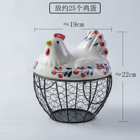 Chicken Egg Basket Wire Egg Holder with Ceramic Farm Chicken Hen