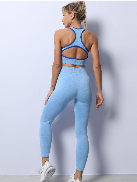Sportneer Workout Sets Women 2 Piece, Ribbed Seamless High Waisted Leggings  and Cute Longline Sports Bra Matching Gym Yoga Set Activewear Blue XS