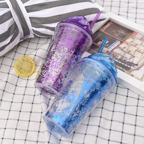 Portable Reusable PP Straw Cup Water Bottle Cup with straw Sequined Glitter  Drinking Cup Juice tumbler