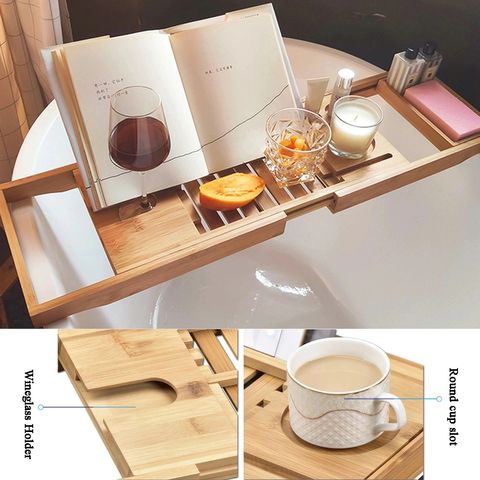 Wooden Over Bathtub Caddy Tray Expandable Bamboo Wine Glass Organizer Tray  Holder 