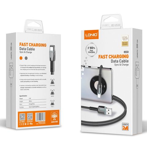 LDNIO LS591/LS592 Wholesale 2m QC3.0 Fabric Nylon Braided Mobile Phone Fast Charging Data USB Cable