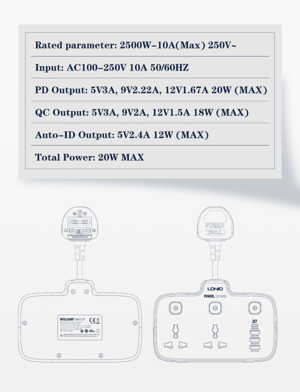 LDNIO multiple use power strips 20W PD+QC3.0+2 Auto-ID 2Universal Outlets USB power strips supplier