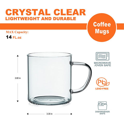 Set of 4 Large 16oz Glass Wide Mouth Coffee Mug- Dishwasher & Microwave Safe