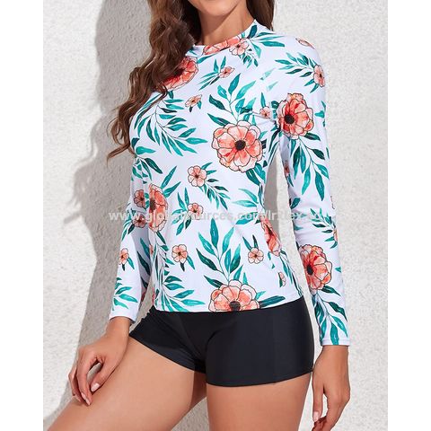 Swimsuit Women Women'S Floral Printed Rash Guard Long Sleeve Swimsuits  Sunscreen Surfing Suit Bathing Suit With Boyshort Bottom Womens Swimsuits