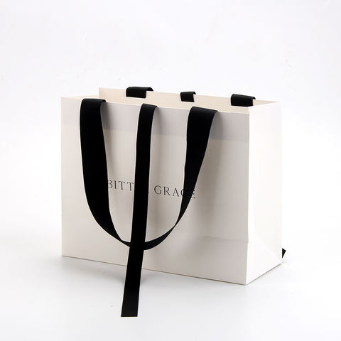 Sinicline White Custom Logo Shopping Bags Black Ribbon Handle - China Paper  Bags and Paper Packaging price