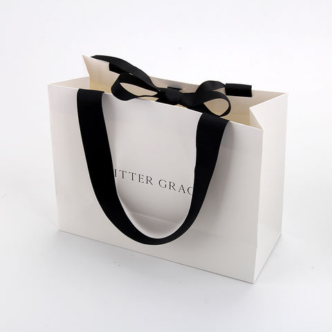 Sinicline White Custom Logo Shopping Bags Black Ribbon Handle - China Paper  Bags and Paper Packaging price
