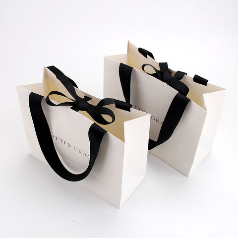 Sinicline White Custom Logo Shopping Bags Black Ribbon Handle - China Paper  Bags and Paper Packaging price