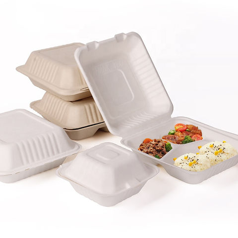 Biodegradable Eco-Friendly Takeaway Food Containers Sugarcane Bagasse 2  Compartment Clamshell-Box