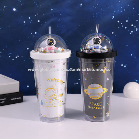 3D Space Cup Creative Water Bottle with Straw Plastic Cups Gift