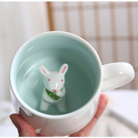 Ceramic Cute 3D Animals Inside Mug Milk Tea (2) 6oz. Cups Kids Holiday Gift