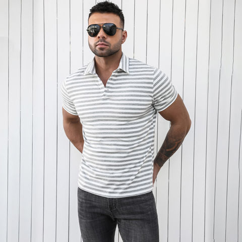 New Summer Polo Men Solid Stripe Fitness Elasticity Short Sleeve Polo  Shirts For Men Fashion Stand Collar Mens Shirts