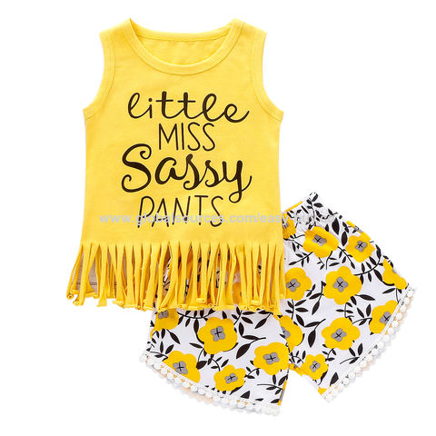 Ensemble pour fille Gilet à franges + short cinq points imprimé chrysanthème et lettres - Tenue décontractée