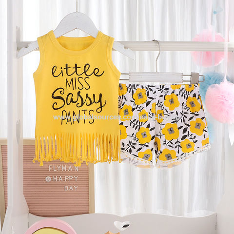 Ensemble pour fille Gilet à franges + short cinq points imprimé chrysanthème et lettres - Tenue décontractée
