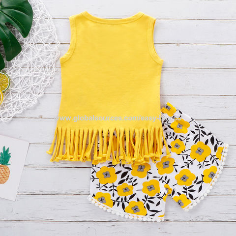 Ensemble pour fille Gilet à franges + short cinq points imprimé chrysanthème et lettres - Tenue décontractée