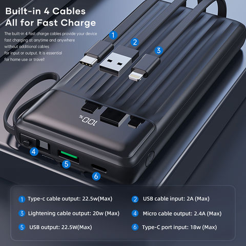 Portable Charger Power Bank - 15000mAh Fast Charging Portable Phone Charger  with Built in USB-C(22.5W) and iOS(20W) Output Cable, LED Display Battery