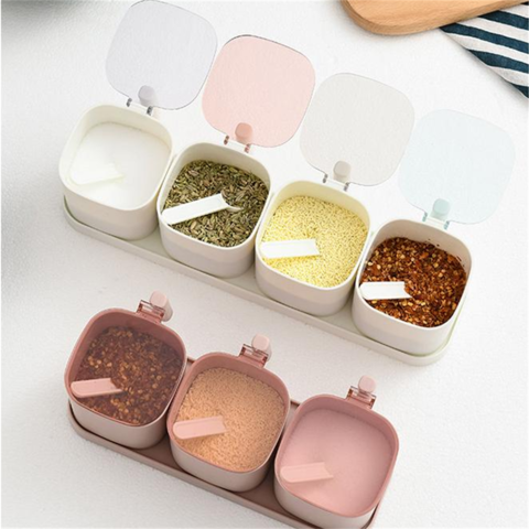 4pcs/set Glass Seasoning Storage Jars with wood base Kitchen Salt