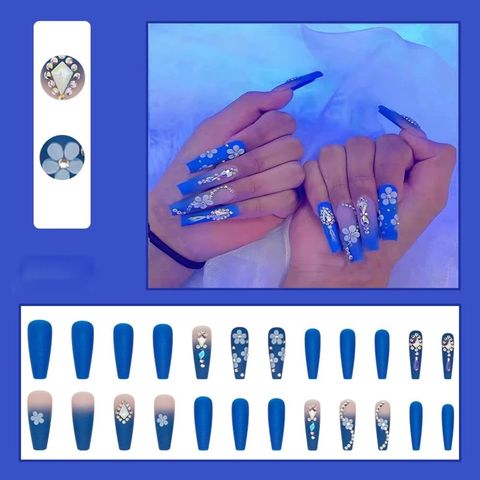 24pcs Long Coffin Royal Blue Glitter Fake Nail Press On Nails False Nails  Glue
