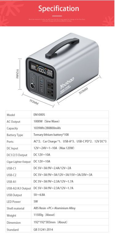 Trạm sạc dự phòng Yoobao EN1000S 280800mAh PD60W 220V/1000W