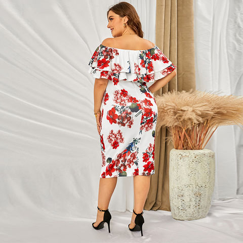 Plus Size Women's Dress Summer Off Shoulder Evening Flower Casual