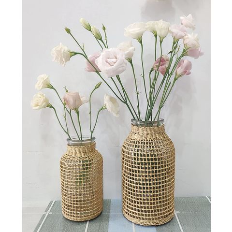 Rattan Glass Vase, Floral Container Farmhouse, Flower Vase For