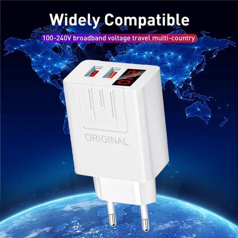 Carregadores de celular com display LED, Adaptador USB de parede com carregamento rápido, 2 portas de saída
